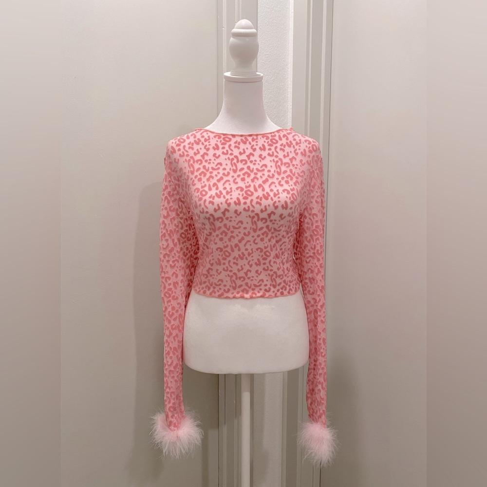 Leopard Print Sheer Mesh Y2K-Inspired Crop Top With Fluffy Faux Fur Sleeves - XL